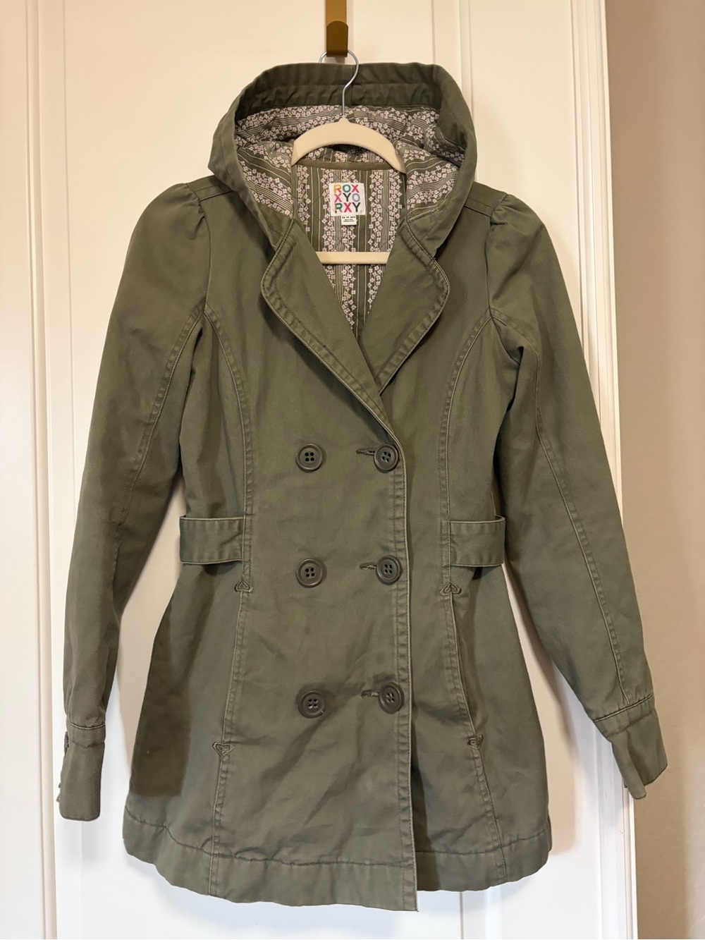 ✌🏽🤎Vintage Y2K Roxy Army Green Double-Breasted Hooded Trench Utility Coat🤎✌🏽